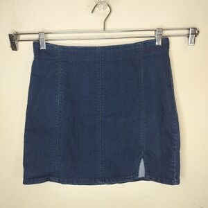 Free People Denim Jean Pull On Mini Skirt Stretch Front Slit